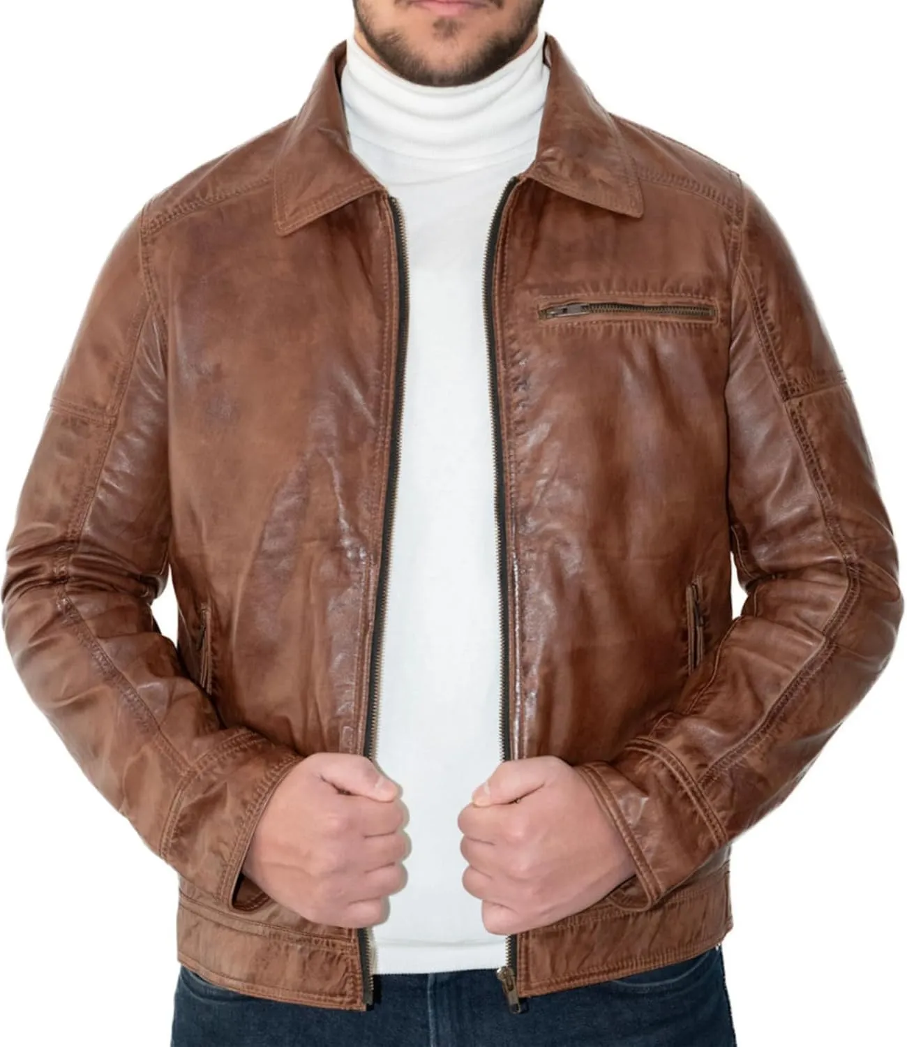 100% Genuine Soft Sheepskin Leather Jackets for Men, Motorcycle Jacket Mens Winter Jacket, Windproof Mens Coat