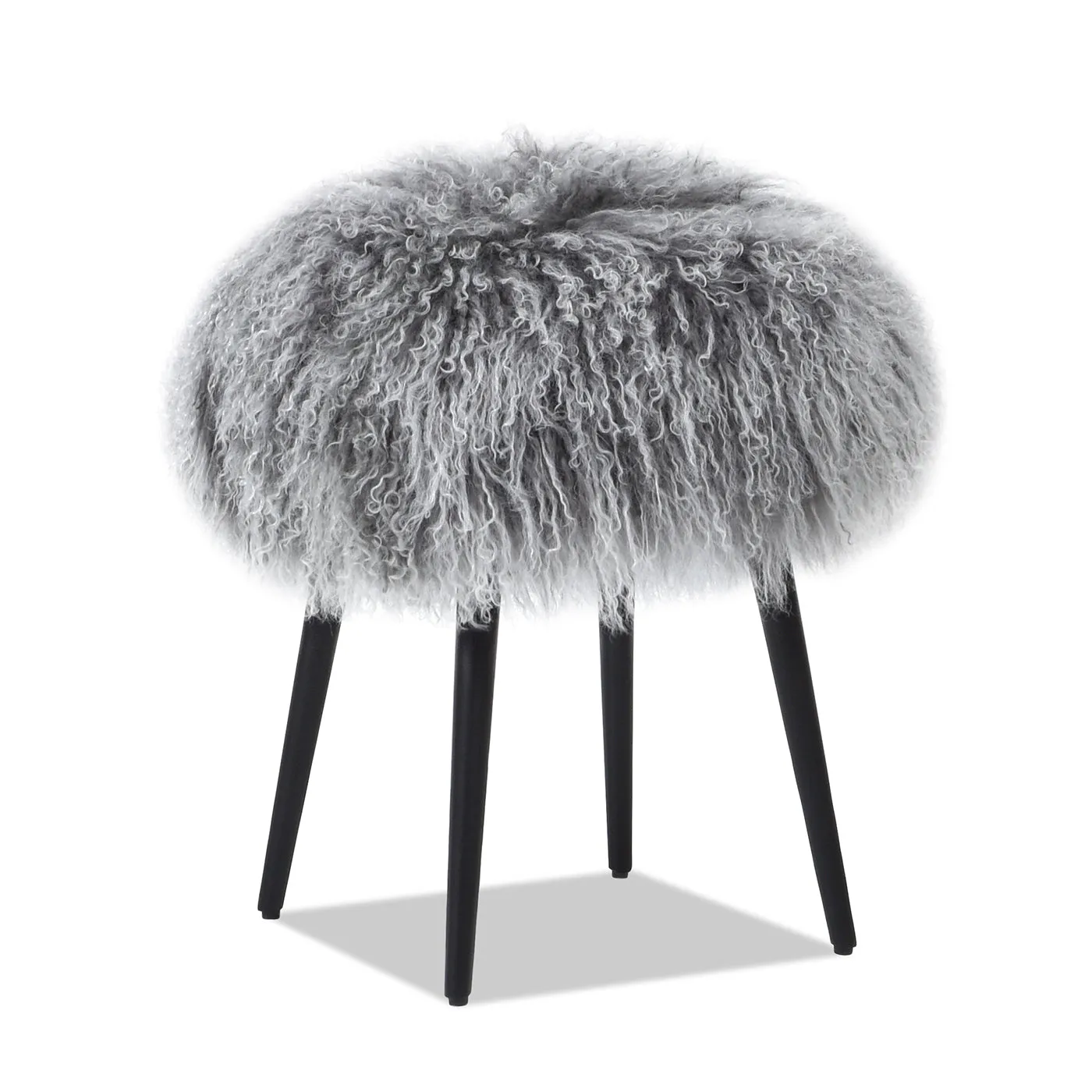16" Gray Mongolian Sheepskin Ottoman - Elegant Design, Durable Frame