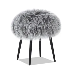16" Gray Mongolian Sheepskin Ottoman - Elegant Design, Durable Frame