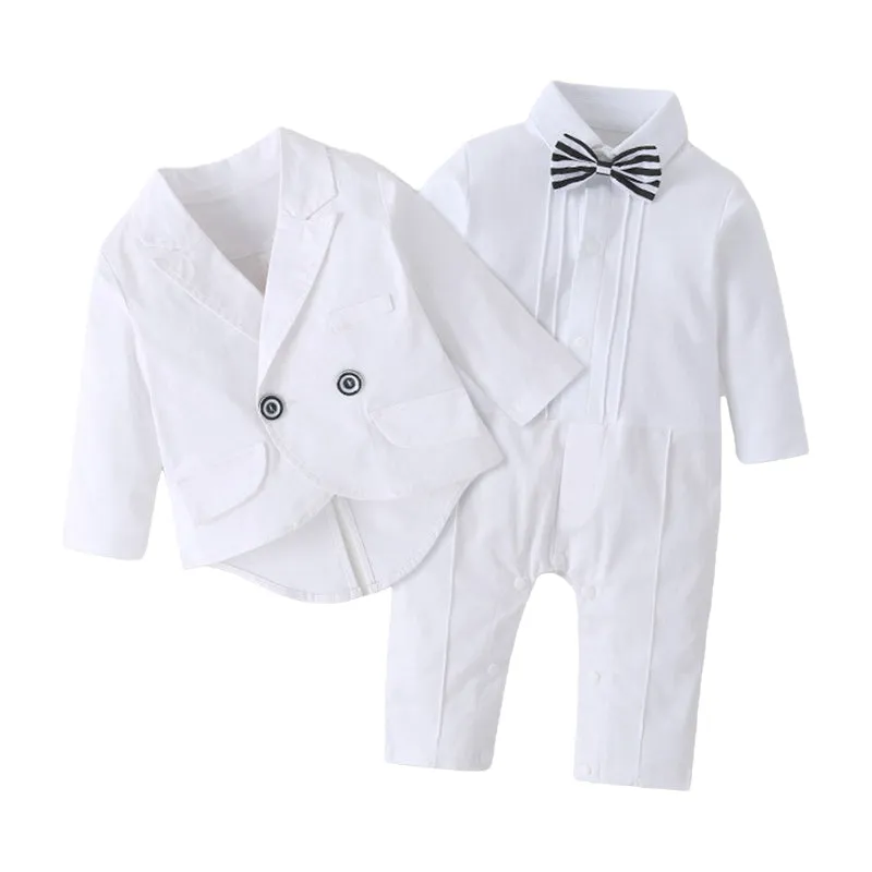 2 Pieces Set Baby Boys Birthday Party Solid Color Bow Jumpsuits And Blazers Wholesale 220616118