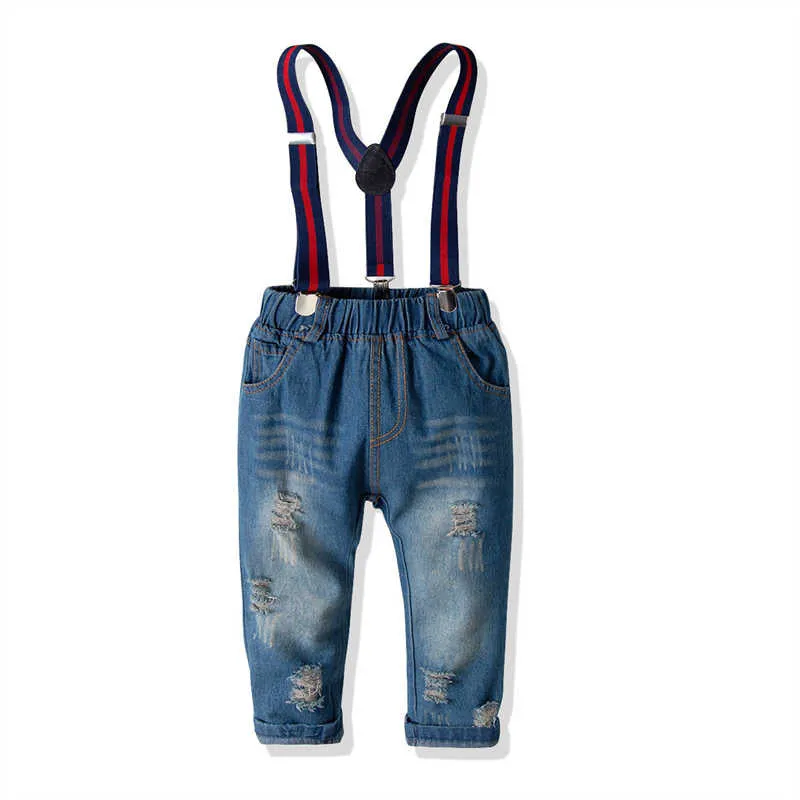 2 Pieces Set Baby Kid Boys Birthday Party Checked Bow Shirts And Ripped Jumpsuits Wholesale 211109496