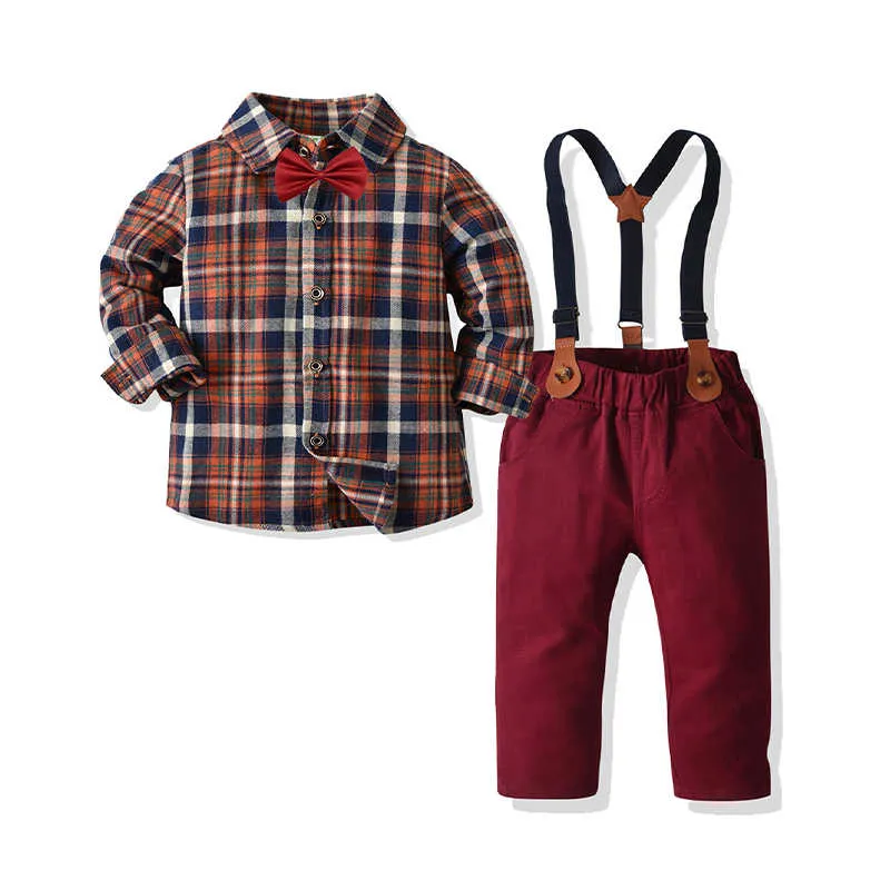 2 Pieces Set Baby Kid Boys Birthday Party Checked Bow Shirts And Solid Color Jumpsuits Wholesale 211109448