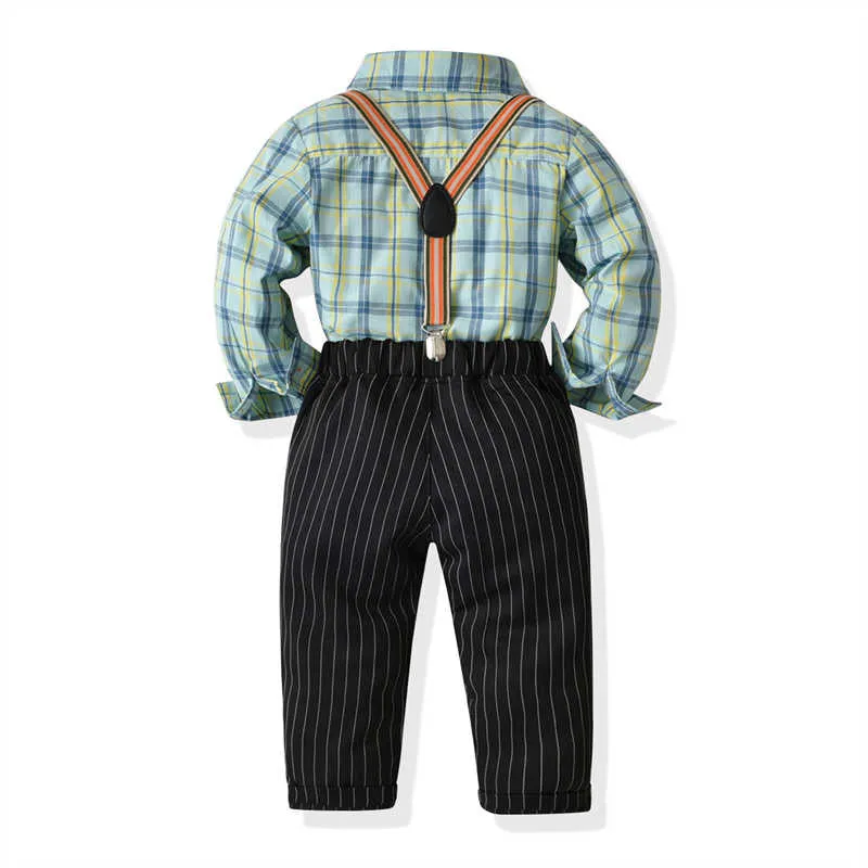 2 Pieces Set Baby Kid Boys Birthday Party Checked Bow Shirts And Striped Jumpsuits Wholesale 211109482