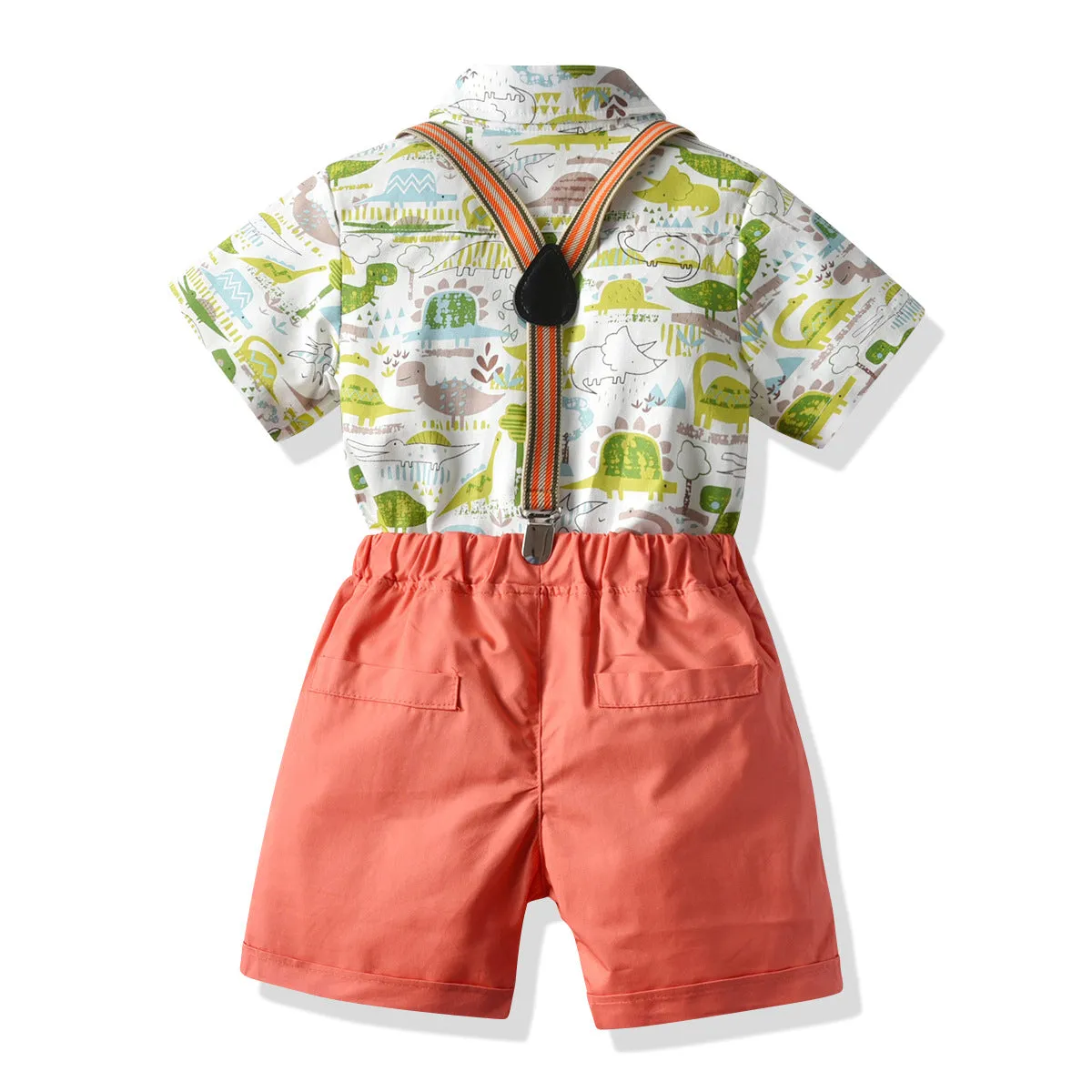 2 Pieces Set Baby Kid Boys Birthday Party Dinosaur Bow Print Shirts And Solid Color Rompers Wholesale 211109209