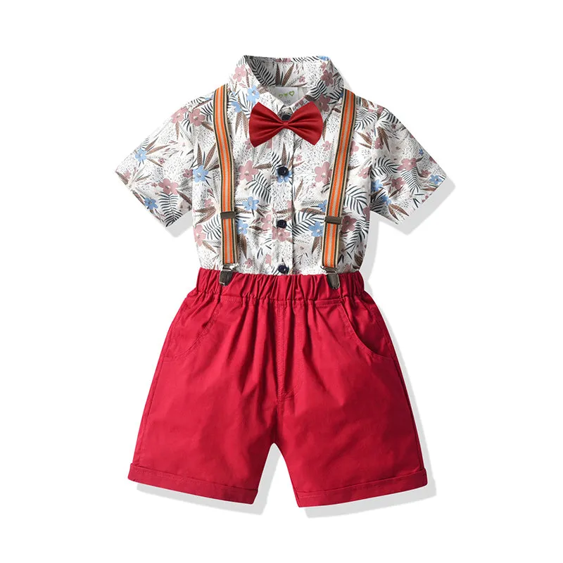 2 Pieces Set Baby Kid Boys Birthday Party Flower Bow Print Shirts And Solid Color Rompers Wholesale 21110917