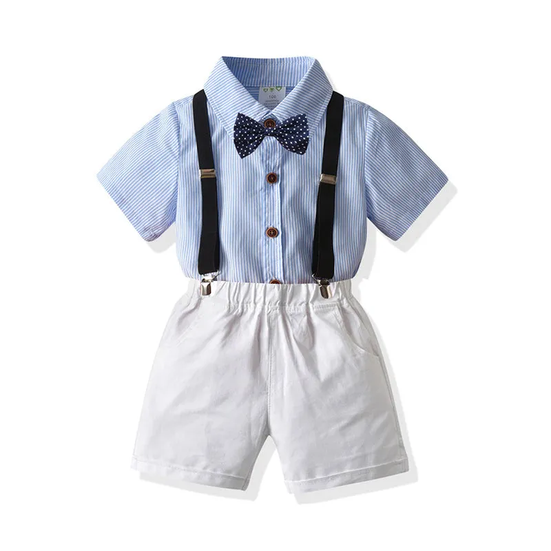 2 Pieces Set Baby Kid Boys Birthday Party Striped Bow Shirts And Solid Color Rompers Wholesale 211109161