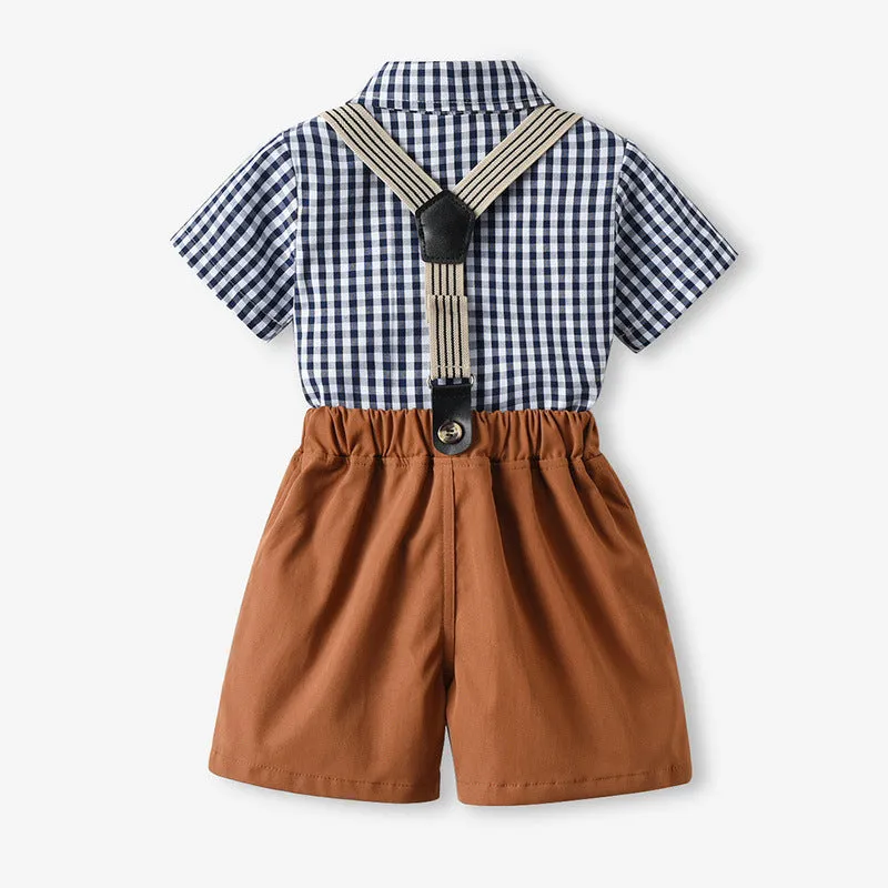 2 Pieces Set Baby Kid Boys Checked Bow Shirts And Solid Color Suits Rompers Wholesale 230308397