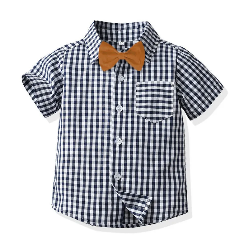 2 Pieces Set Baby Kid Boys Checked Bow Shirts And Solid Color Suits Rompers Wholesale 230308397