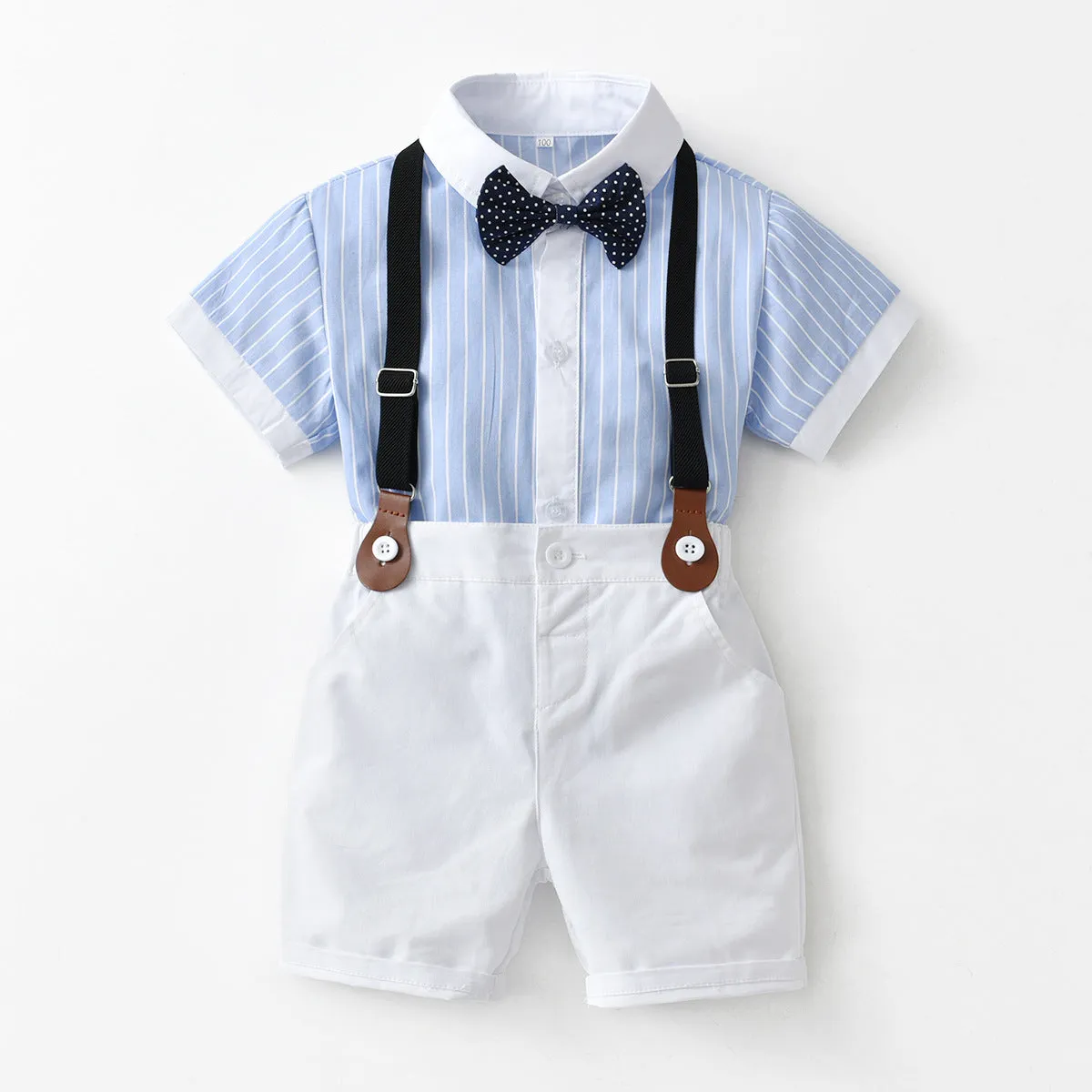 2 Pieces Set Baby Kid Boys Striped Bow Print Shirts And Solid Color Shorts Wholesale 220531181