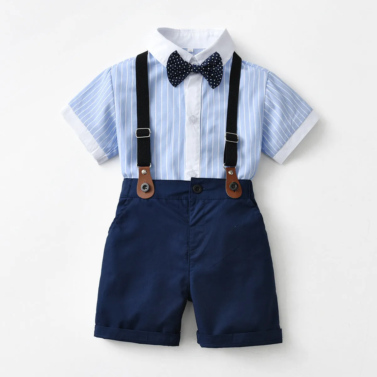 2 Pieces Set Baby Kid Boys Striped Bow Print Shirts And Solid Color Shorts Wholesale 220531181