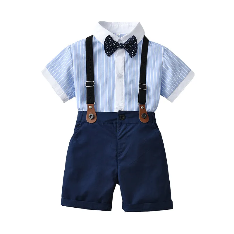 2 Pieces Set Baby Kid Boys Striped Bow Print Shirts And Solid Color Shorts Wholesale 220531181