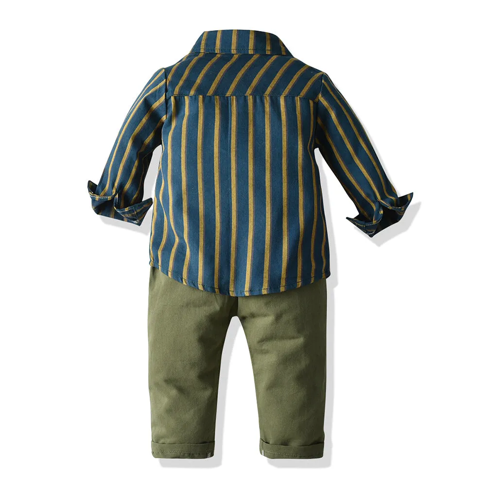 2 Pieces Set Baby Kid Boys Striped Bow Shirts And Solid Color Jumpsuits Wholesale 23041140