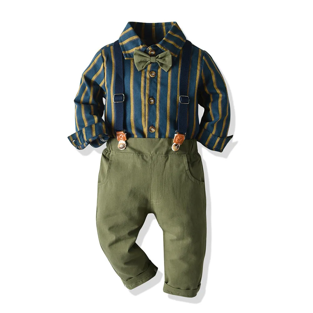 2 Pieces Set Baby Kid Boys Striped Bow Shirts And Solid Color Jumpsuits Wholesale 23041140