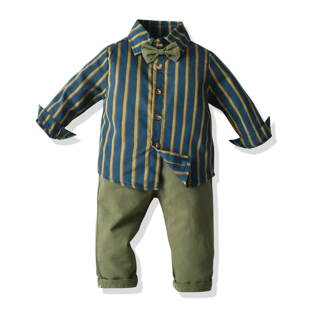 2 Pieces Set Baby Kid Boys Striped Bow Shirts And Solid Color Jumpsuits Wholesale 23041140