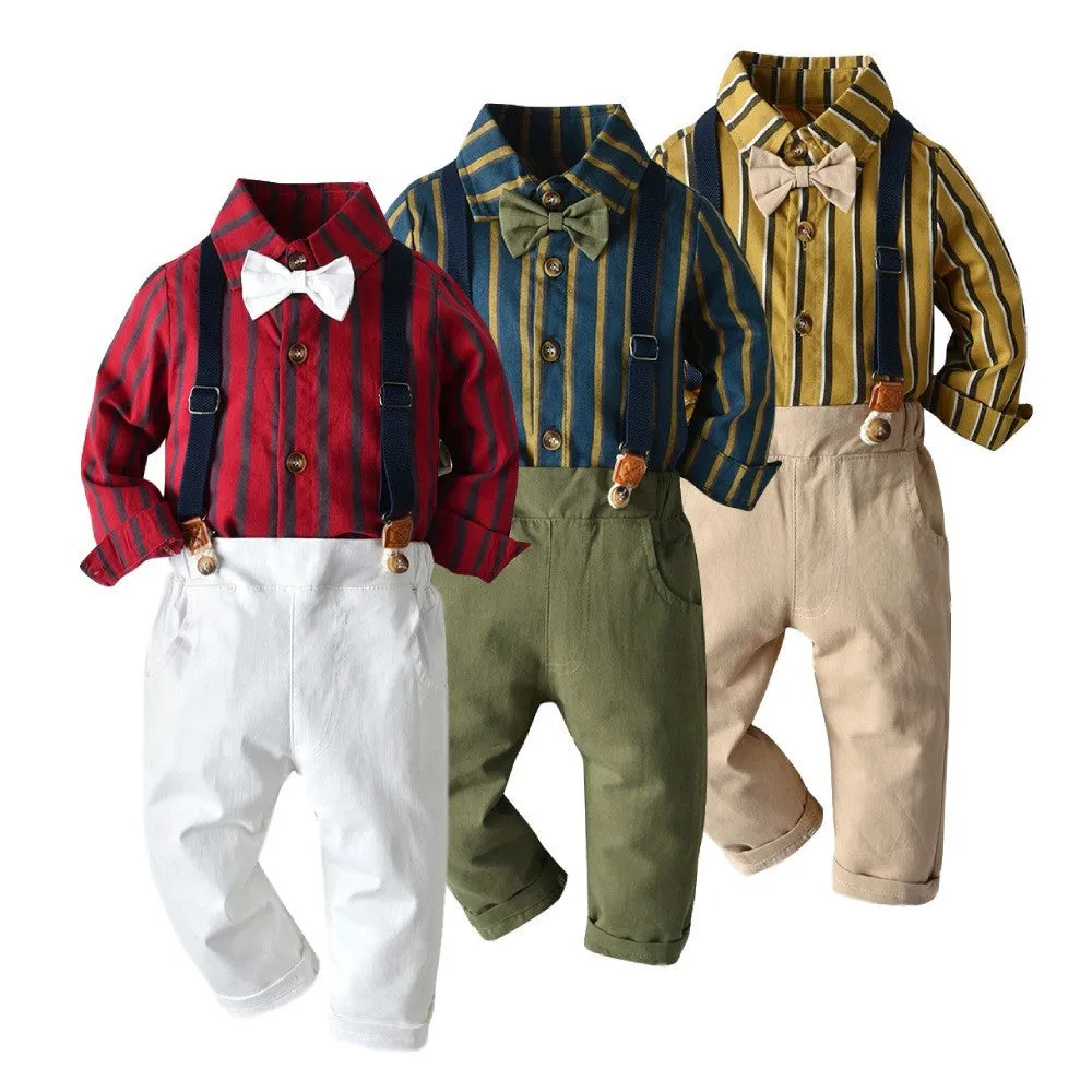 2 Pieces Set Baby Kid Boys Striped Bow Shirts And Solid Color Jumpsuits Wholesale 23041140