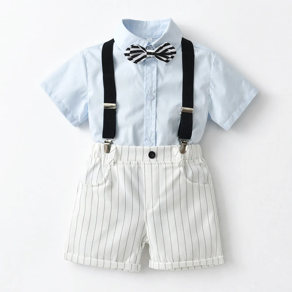 2 Pieces Set Baby Kid Boys Striped Print Shorts Solid Color And Bow Shirts Wholesale 220531180