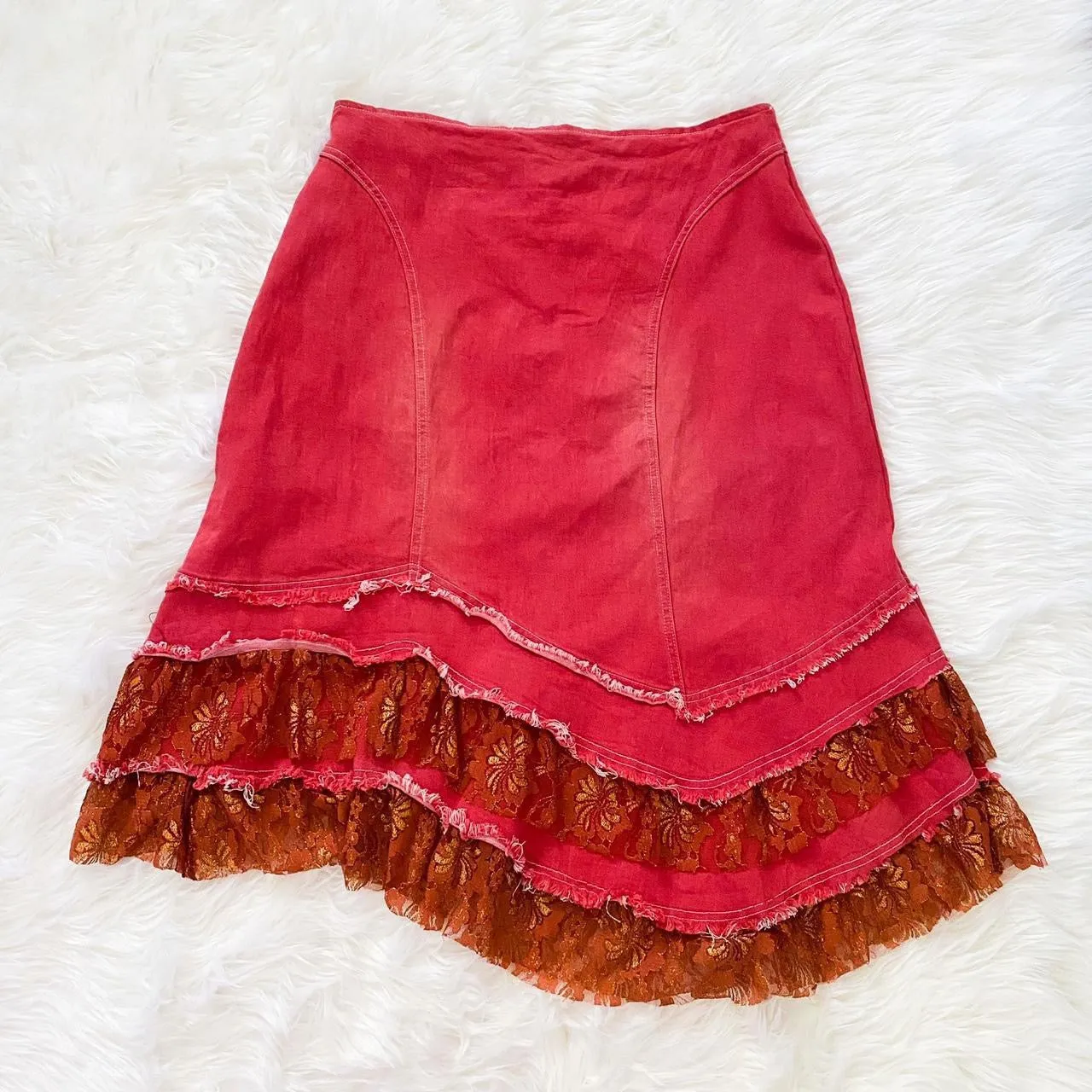 2000s Lacy Red Denim Skirt (XL)