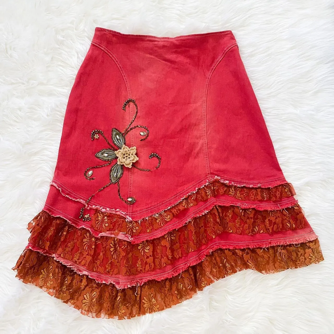 2000s Lacy Red Denim Skirt (XL)