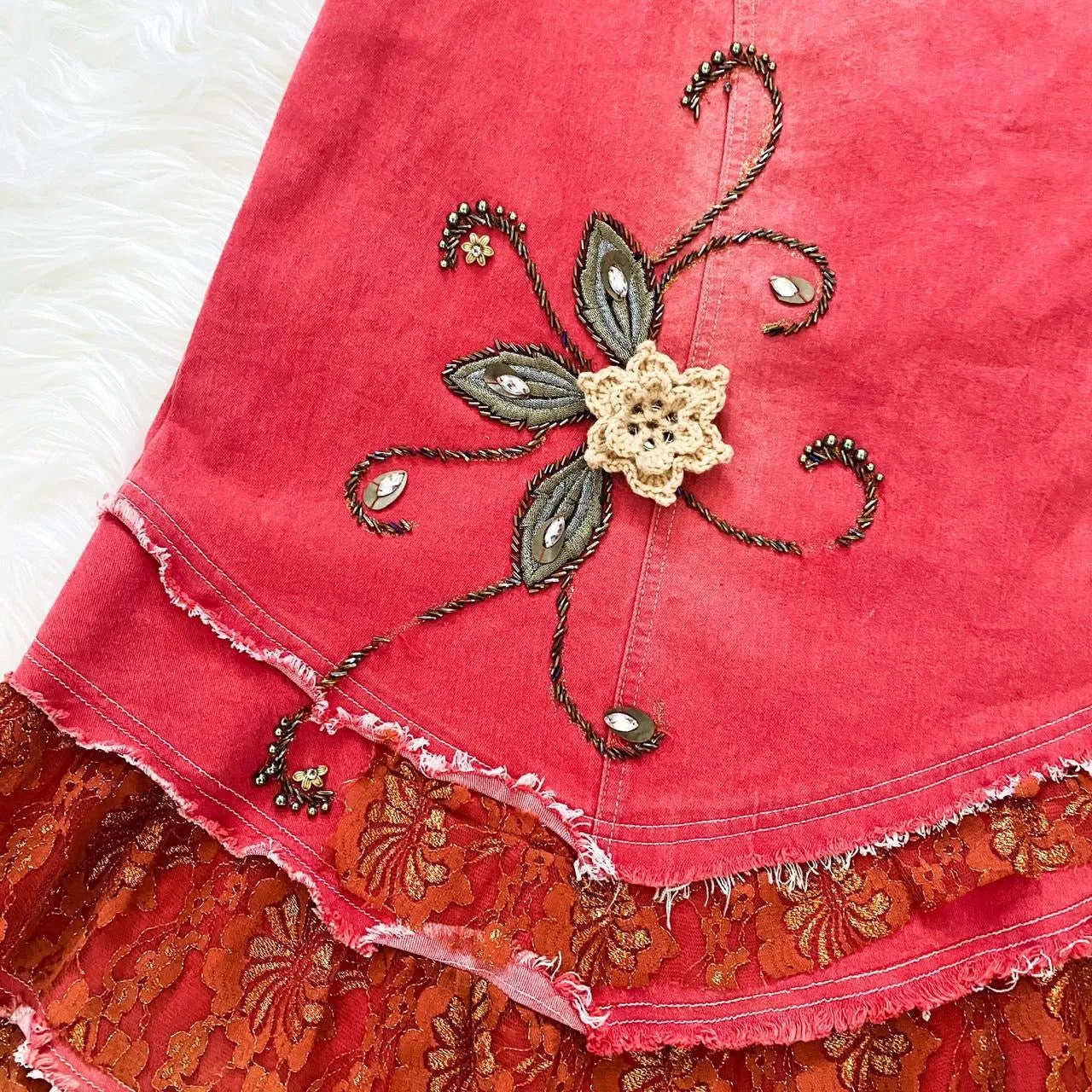 2000s Lacy Red Denim Skirt (XL)