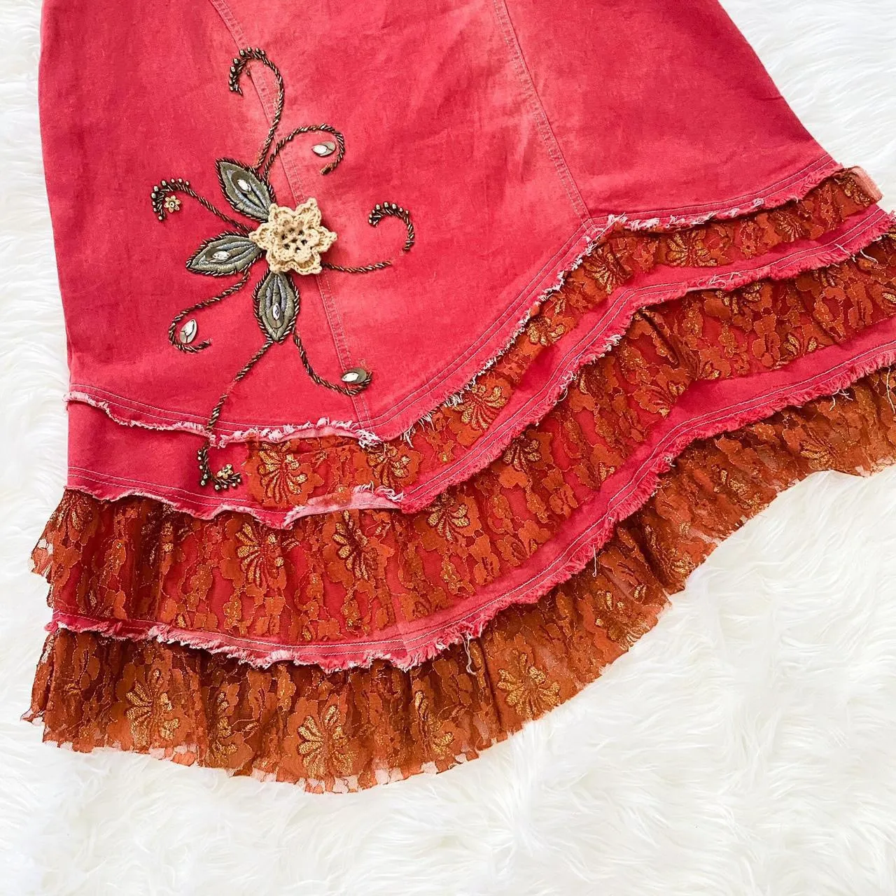 2000s Lacy Red Denim Skirt (XL)