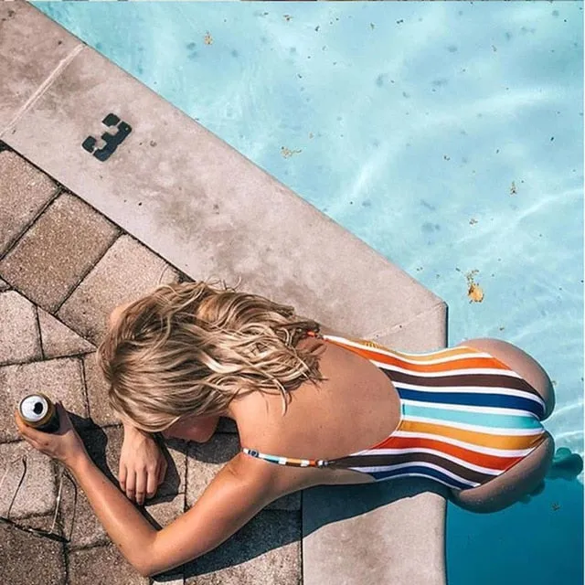 2019 Swimwear Women One Piece Striped Monokini
