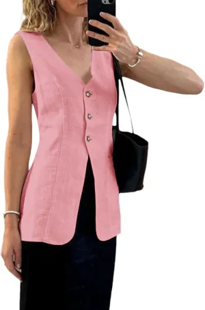 2025 Summer Women's Linen Vest Tops Lightweight Breathable Long Fashion V-Neck Fully-Lined Work Casual Vest Pockets