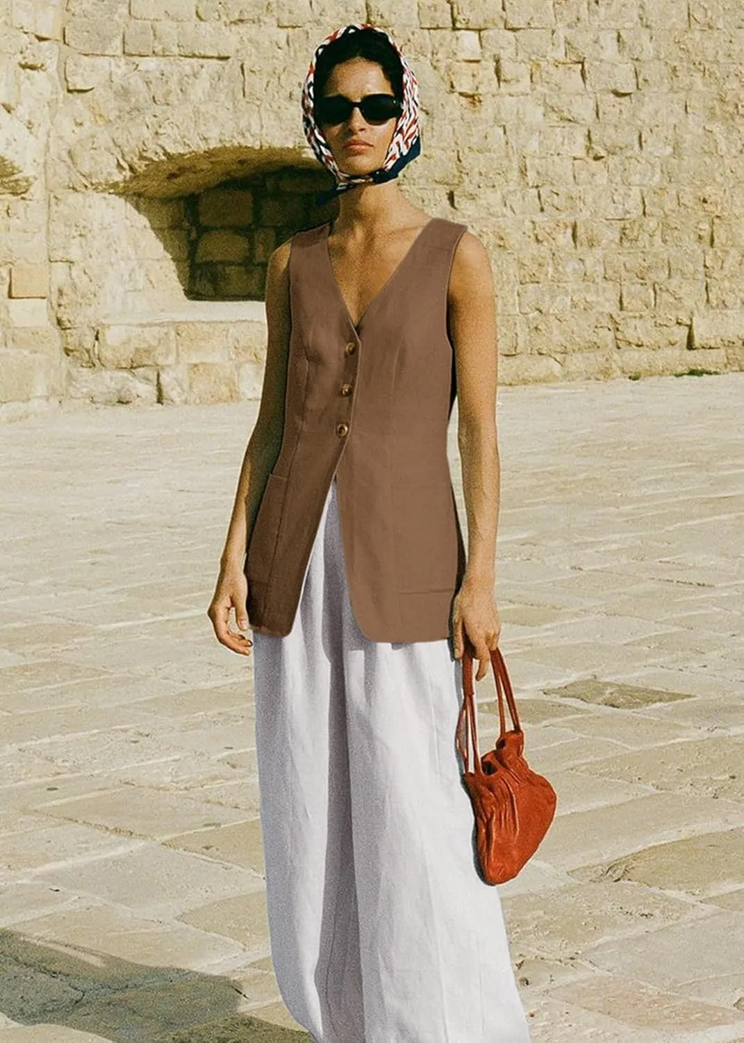 2025 Summer Women's Linen Vest Tops Lightweight Breathable Long Fashion V-Neck Fully-Lined Work Casual Vest Pockets