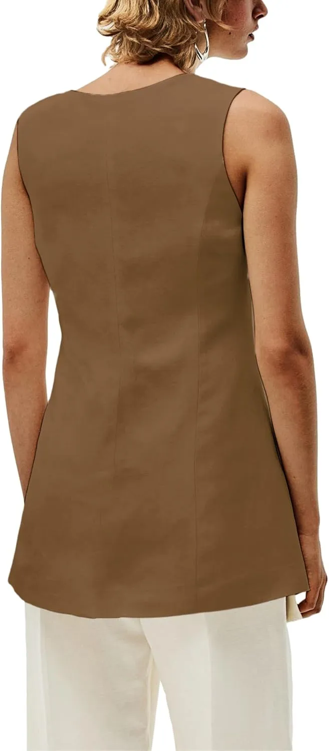 2025 Summer Women's Linen Vest Tops Lightweight Breathable Long Fashion V-Neck Fully-Lined Work Casual Vest Pockets