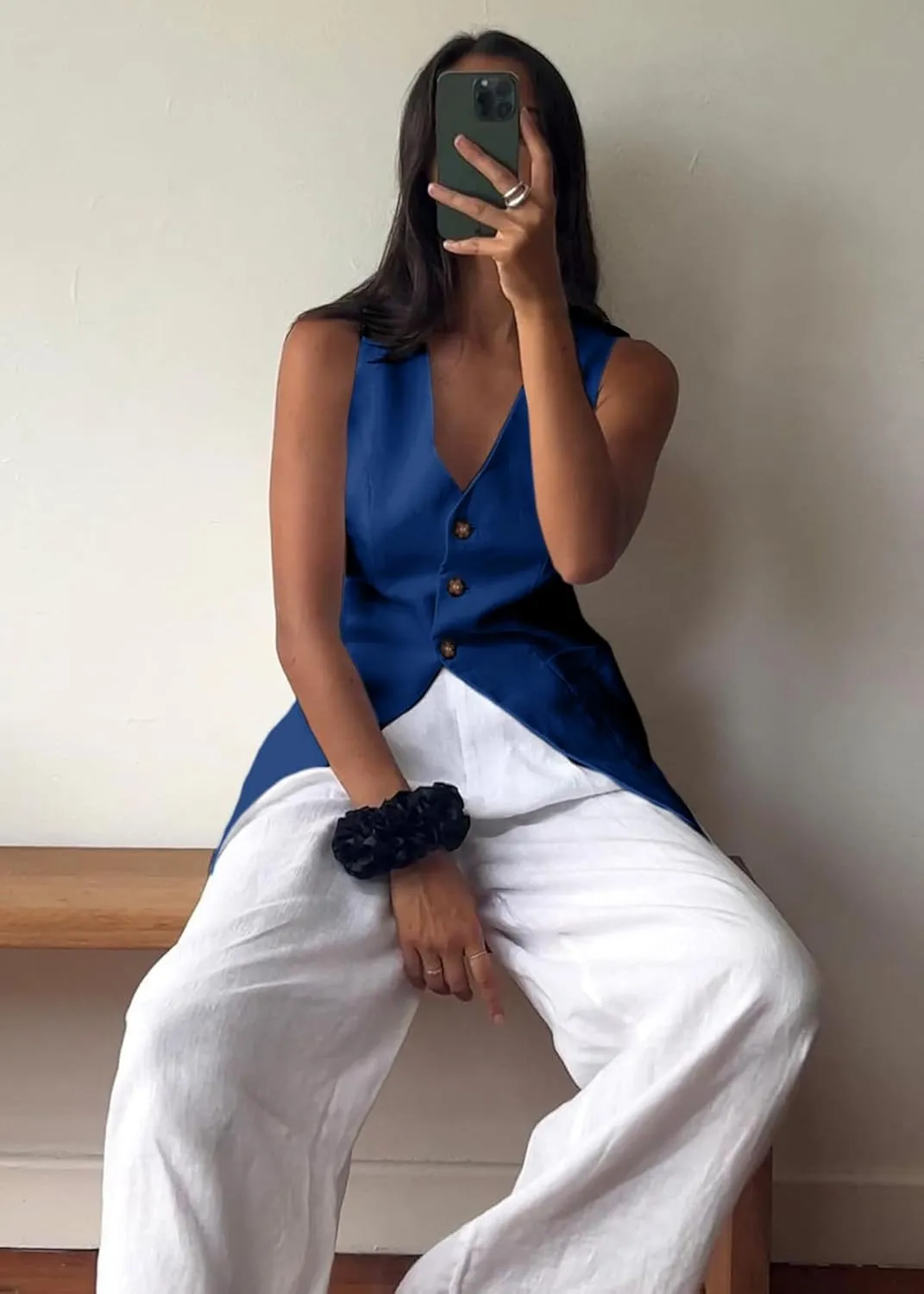 2025 Summer Women's Linen Vest Tops Lightweight Breathable Long Fashion V-Neck Fully-Lined Work Casual Vest Pockets