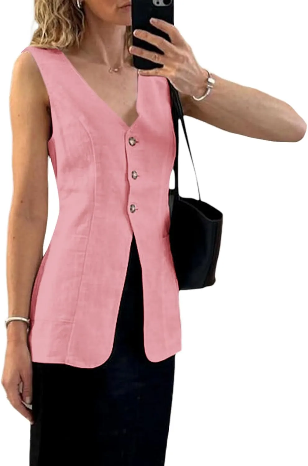 2025 Summer Women's Linen Vest Tops Lightweight Breathable Long Fashion V-Neck Fully-Lined Work Casual Vest Pockets