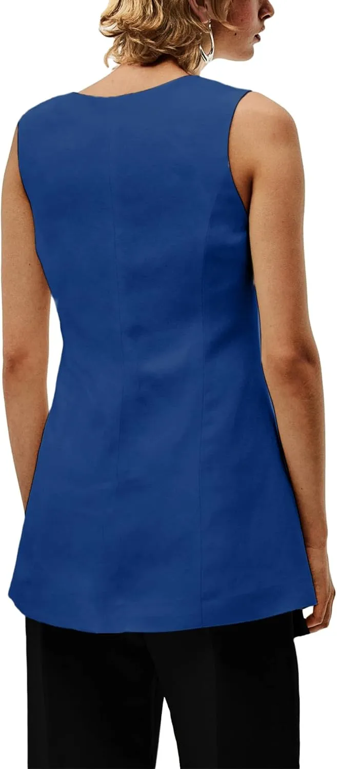 2025 Summer Women's Linen Vest Tops Lightweight Breathable Long Fashion V-Neck Fully-Lined Work Casual Vest Pockets