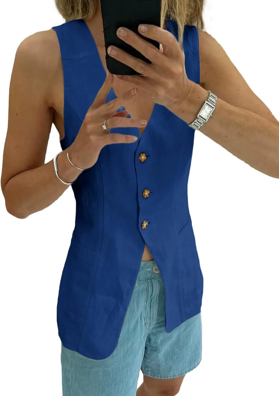 2025 Summer Women's Linen Vest Tops Lightweight Breathable Long Fashion V-Neck Fully-Lined Work Casual Vest Pockets