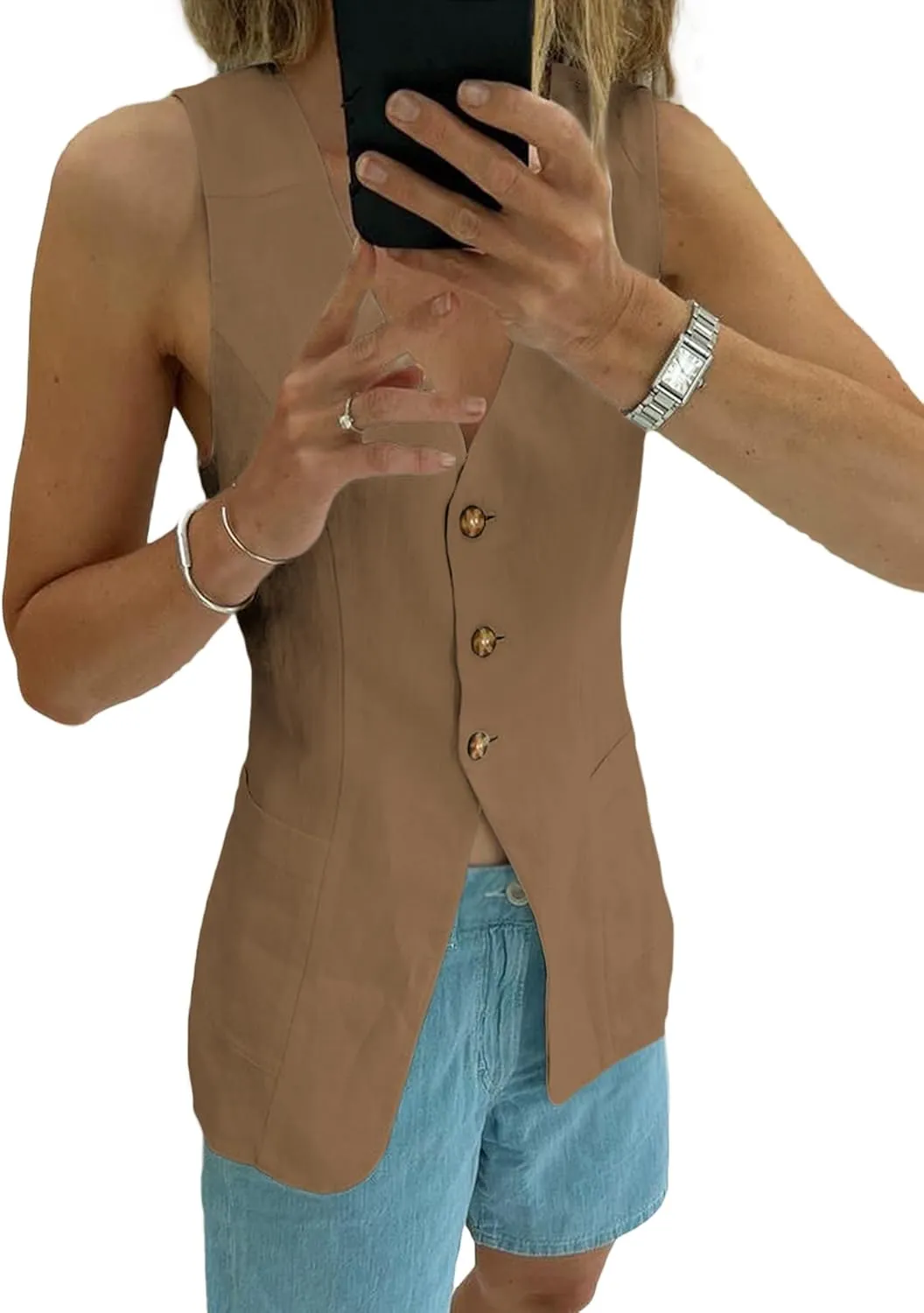 2025 Summer Women's Linen Vest Tops Lightweight Breathable Long Fashion V-Neck Fully-Lined Work Casual Vest Pockets