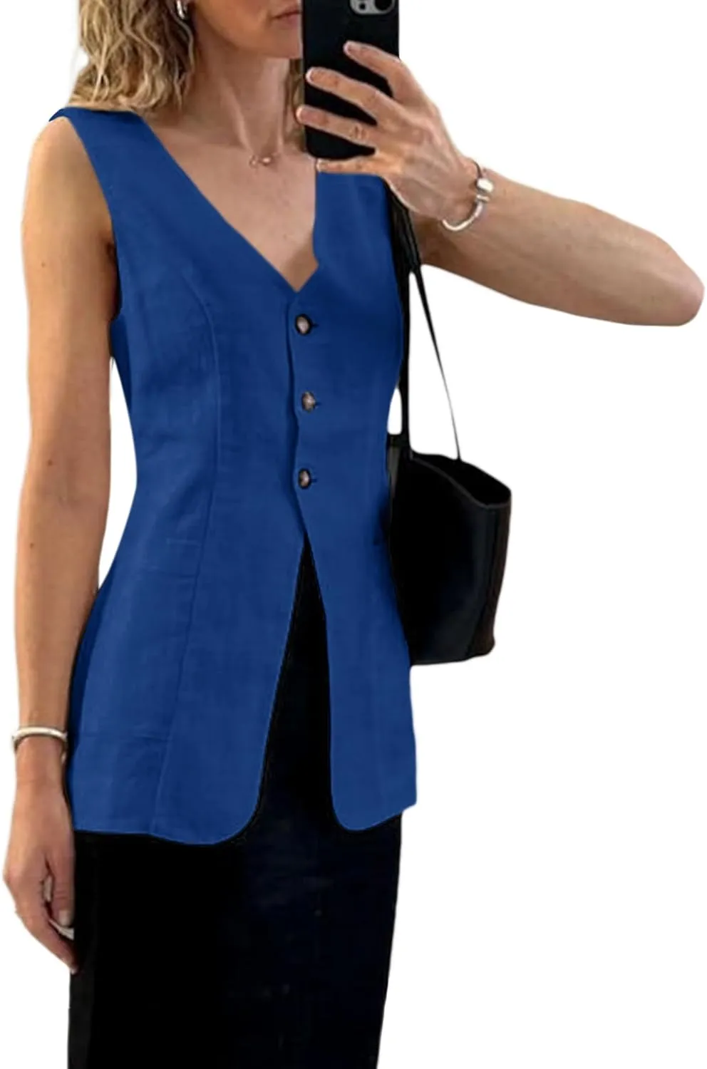 2025 Summer Women's Linen Vest Tops Lightweight Breathable Long Fashion V-Neck Fully-Lined Work Casual Vest Pockets