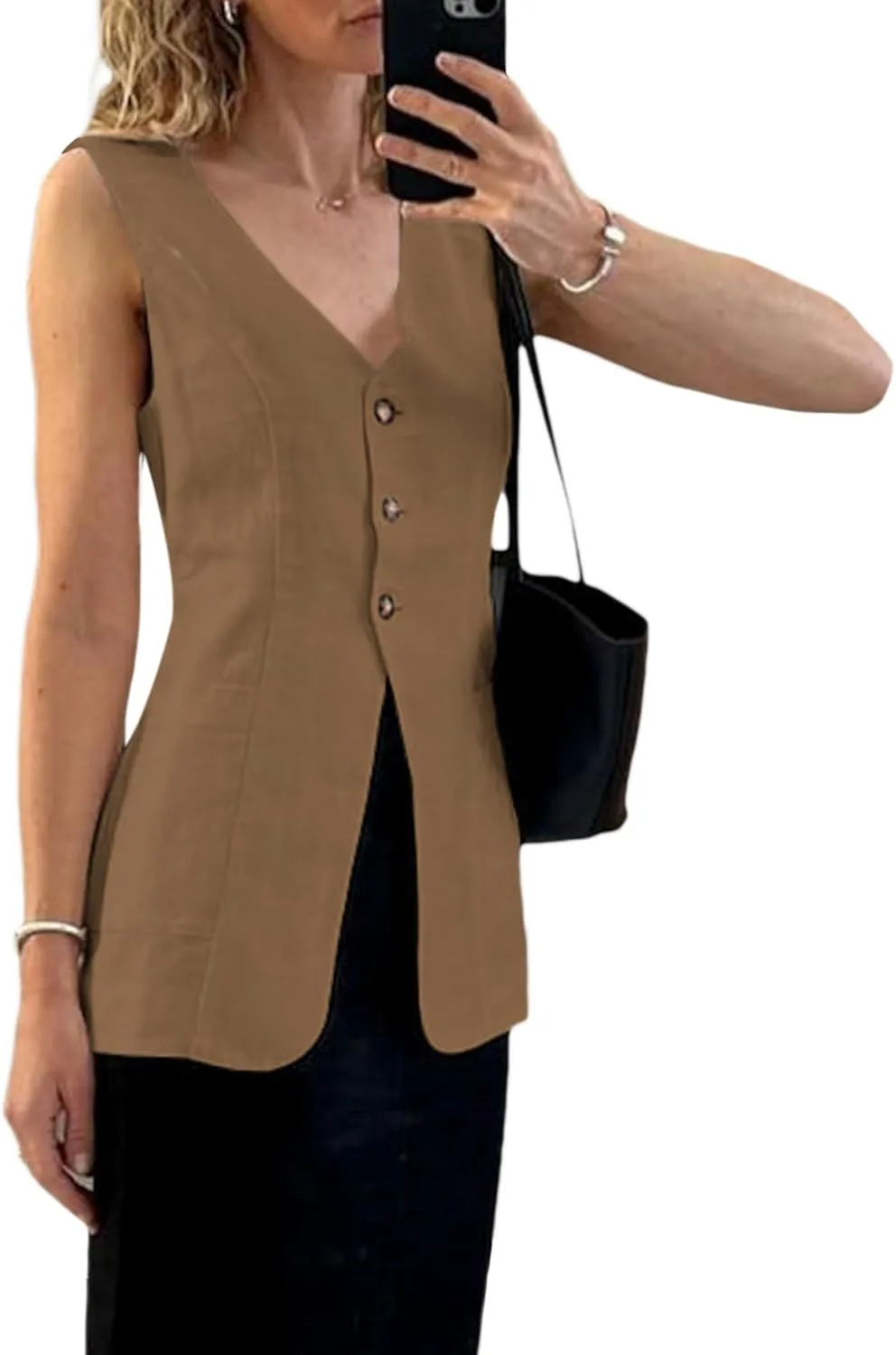 2025 Summer Women's Linen Vest Tops Lightweight Breathable Long Fashion V-Neck Fully-Lined Work Casual Vest Pockets