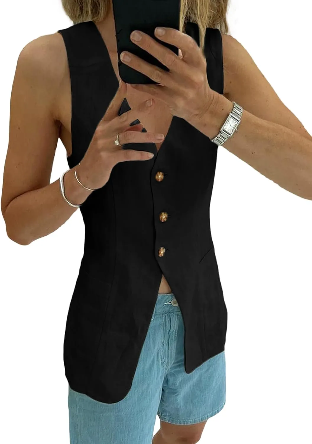 2025 Summer Women's Linen Vest Tops Lightweight Breathable Long Fashion V-Neck Fully-Lined Work Casual Vest Pockets