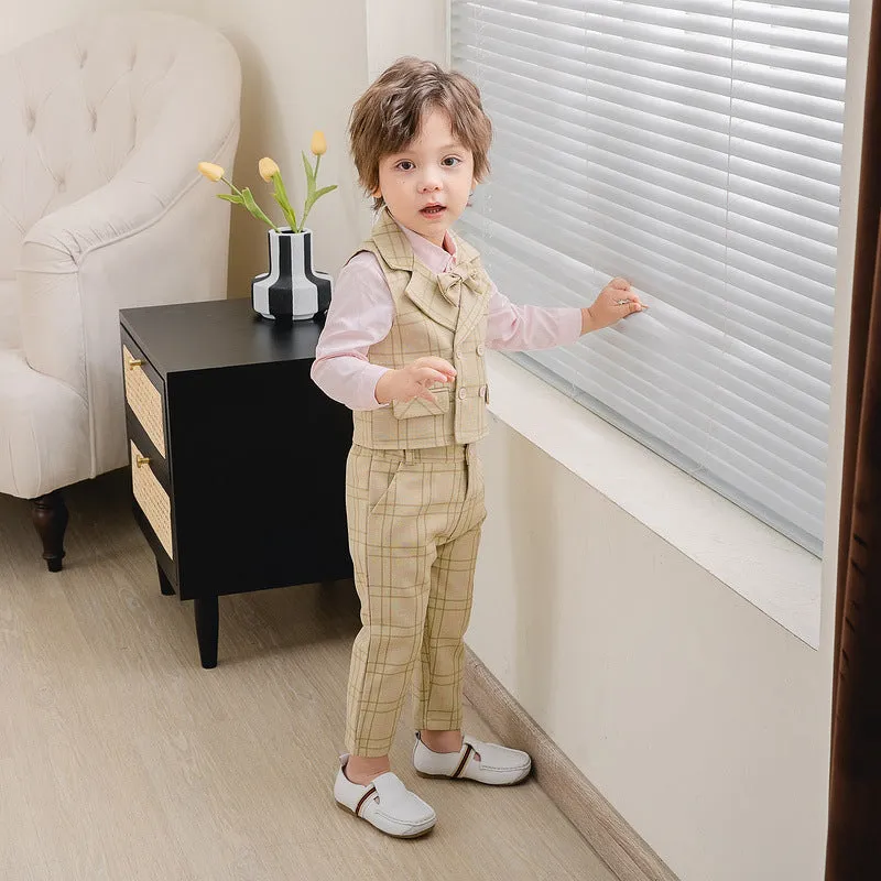 3 Pieces Set Baby Kid Boys Birthday Party Bow Shirts Checked Vests Waistcoats And Pants Wholesale 221216458