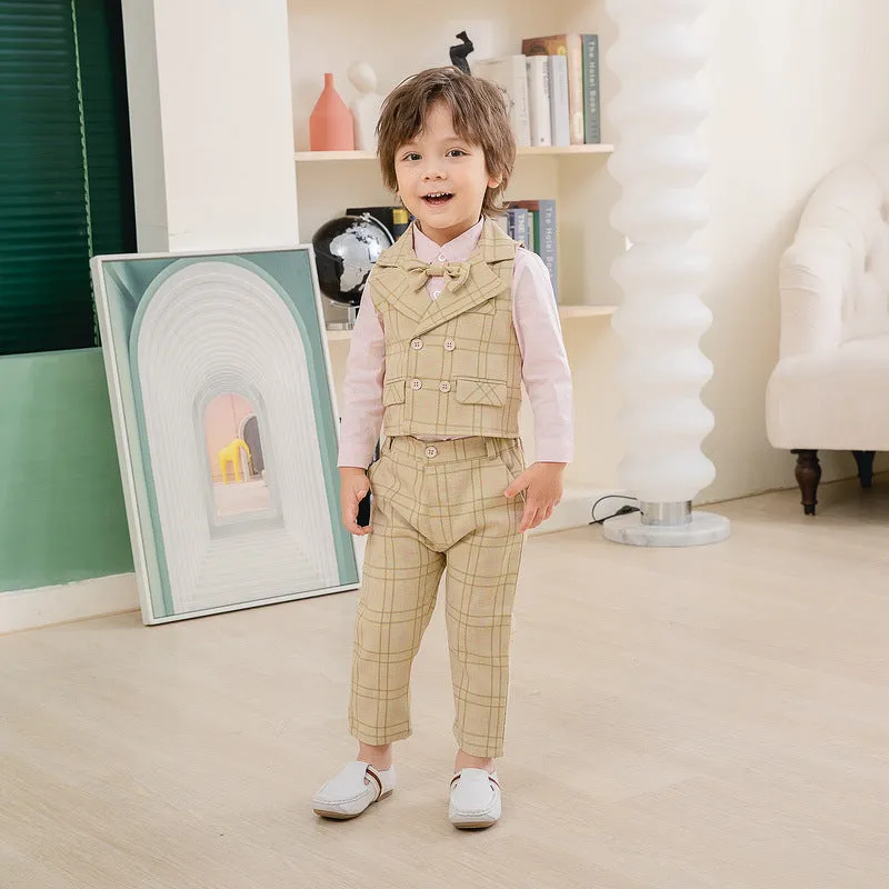 3 Pieces Set Baby Kid Boys Birthday Party Bow Shirts Checked Vests Waistcoats And Pants Wholesale 221216458