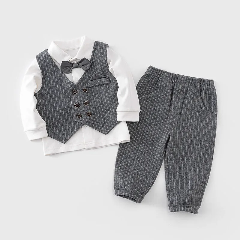 3 Pieces Set Baby Kid Boys Birthday Party Bow Shirts Solid Color Striped Vests Waistcoats And Pants Wholesale 22070178