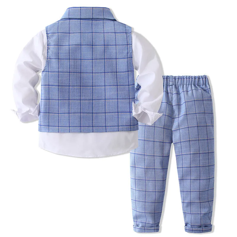 3 Pieces Set Baby Kid Boys Birthday Party Solid Color Bow Shirts Checked Vests Waistcoats And Pants Wholesale 221216456