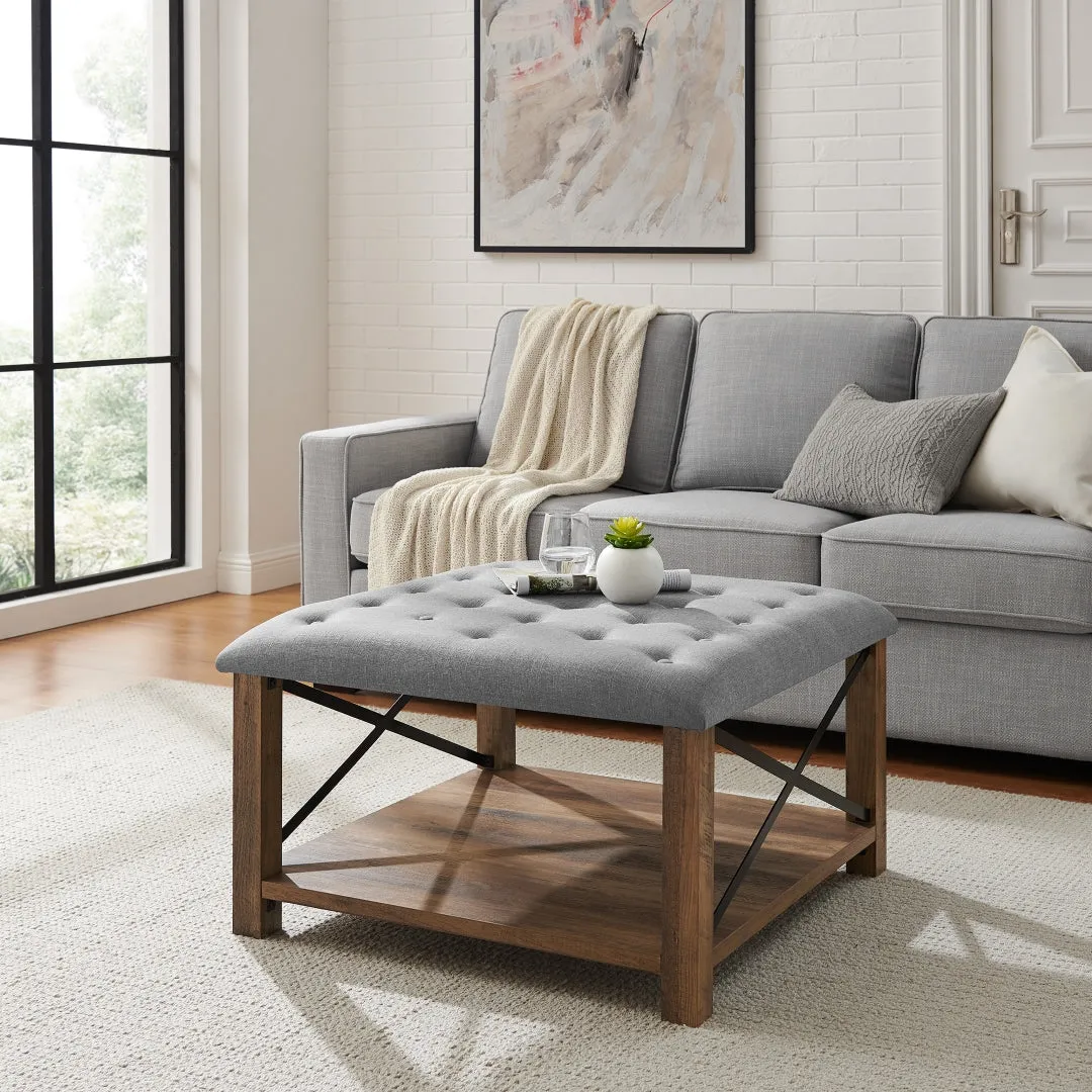 30" Farmhouse Tufted Ottoman - Versatile Upholstered Seating with Storage Shelf for Stylish Spaces