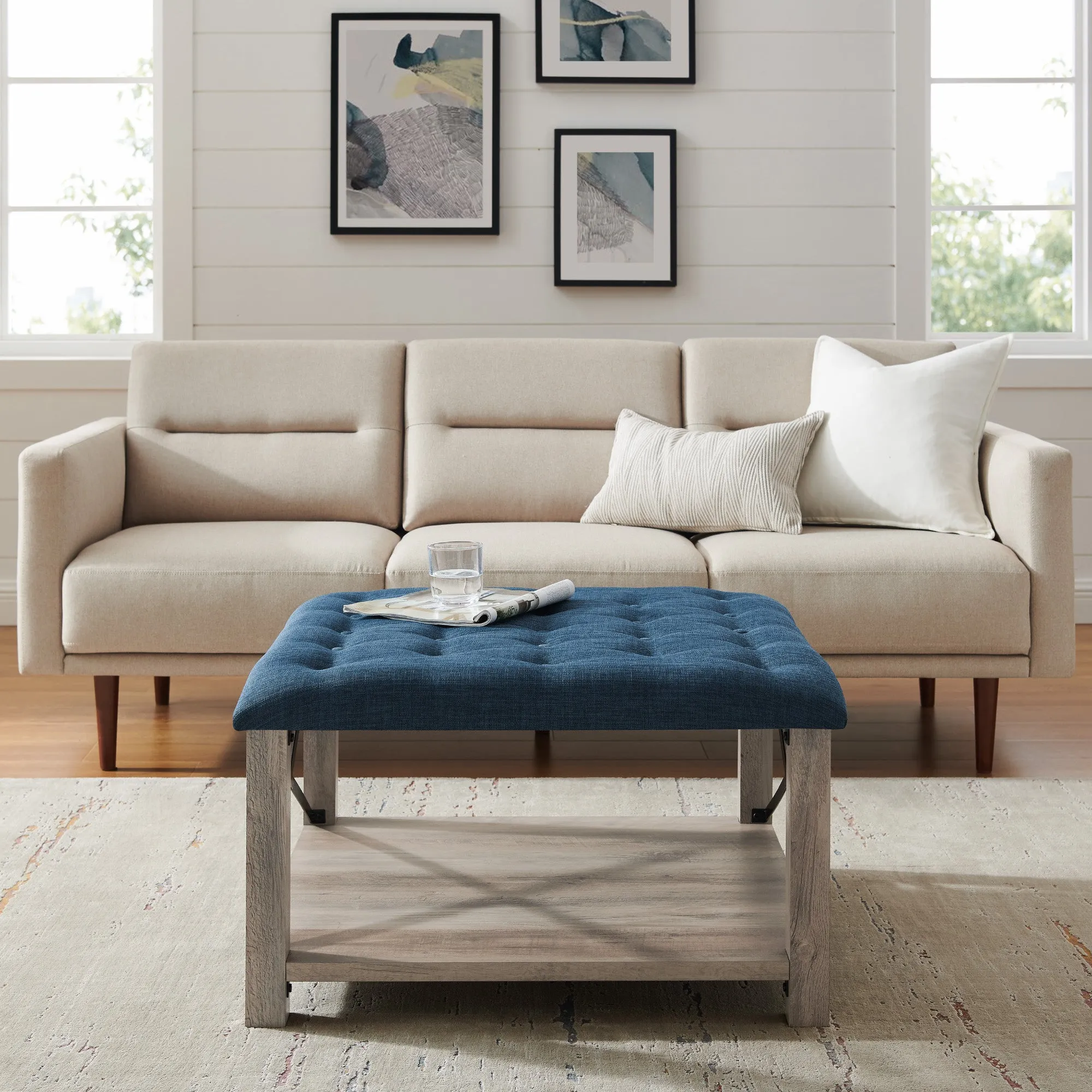 30" Farmhouse Tufted Ottoman - Versatile Upholstered Seating with Storage Shelf for Stylish Spaces