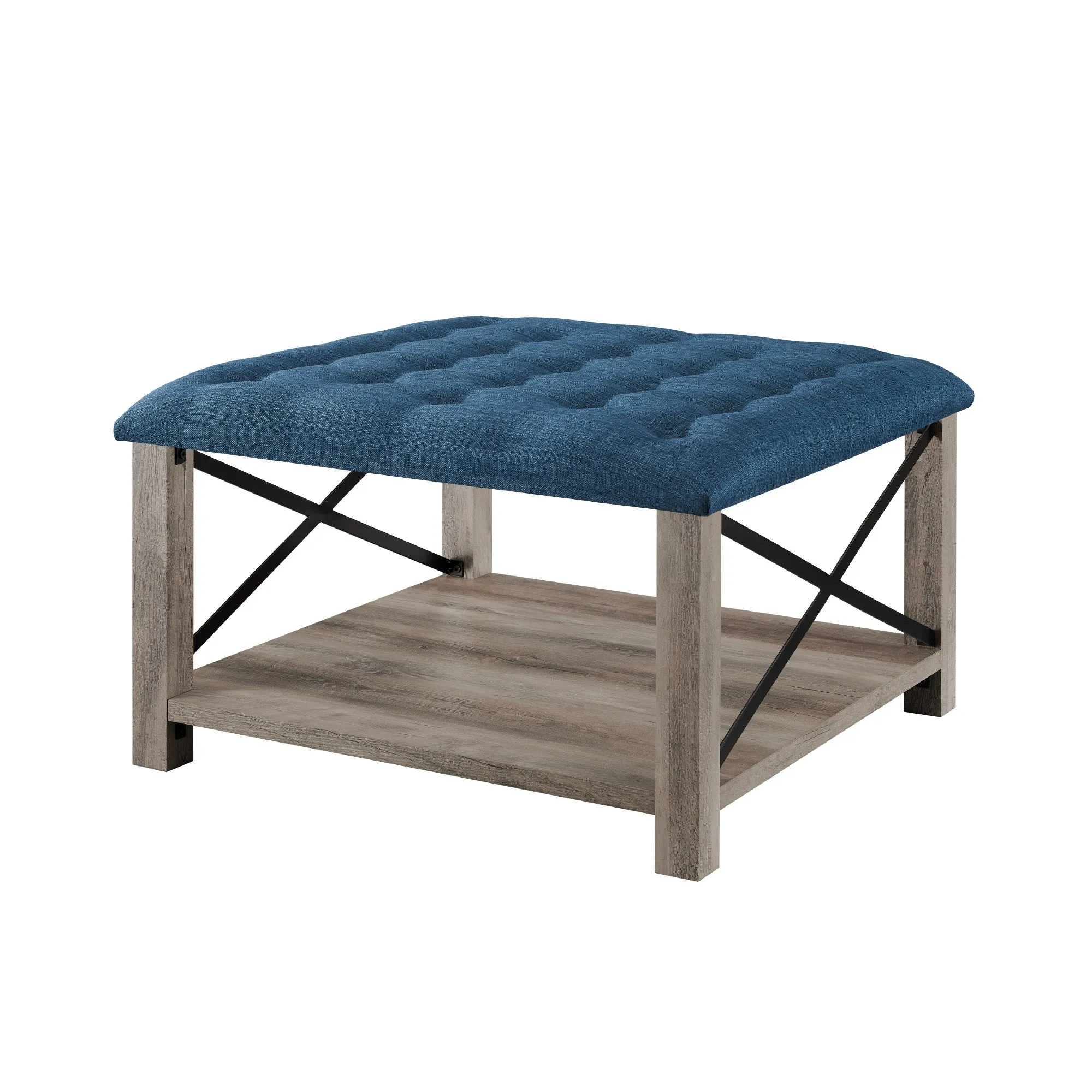 30" Farmhouse Tufted Ottoman - Versatile Upholstered Seating with Storage Shelf for Stylish Spaces