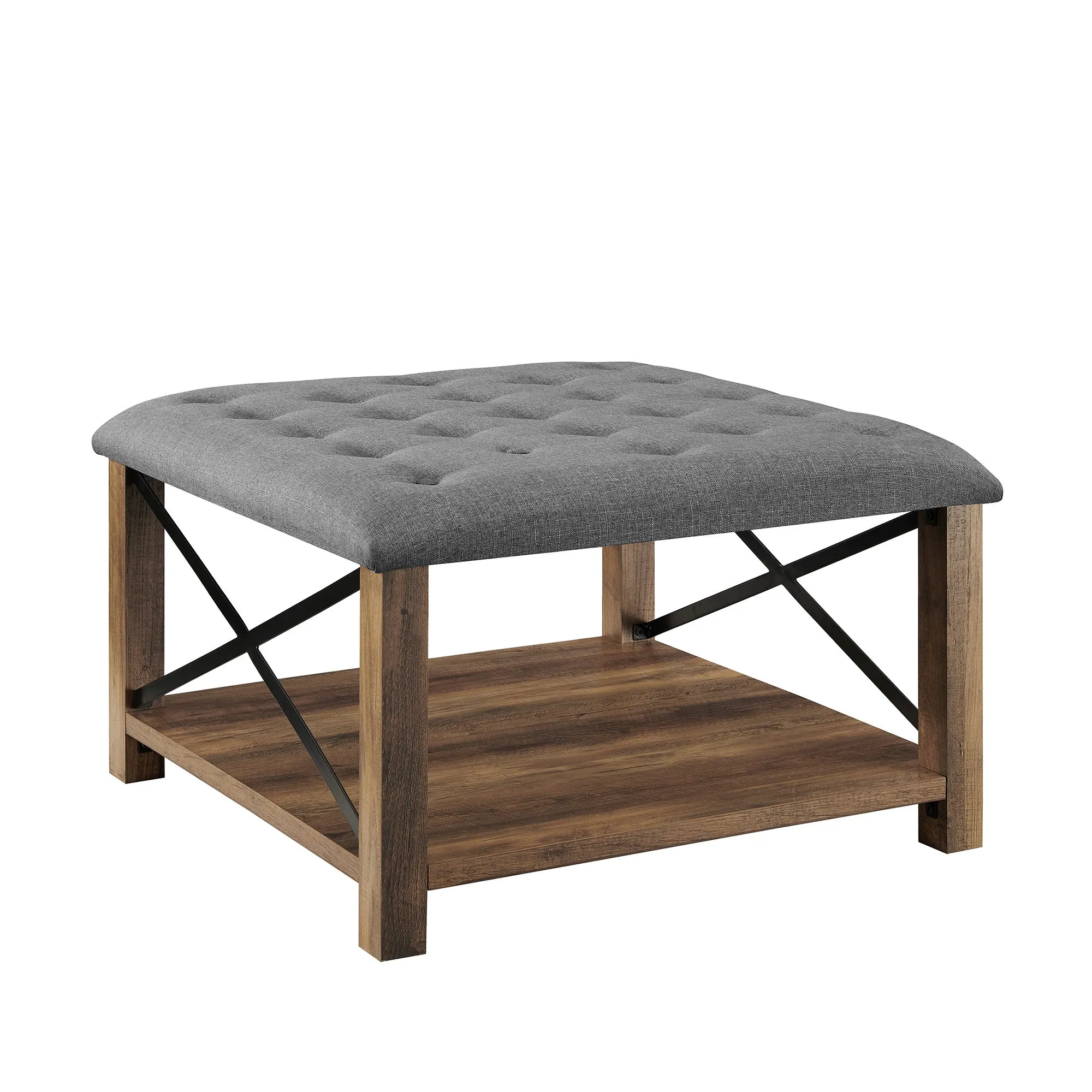 30" Farmhouse Tufted Ottoman - Versatile Upholstered Seating with Storage Shelf for Stylish Spaces