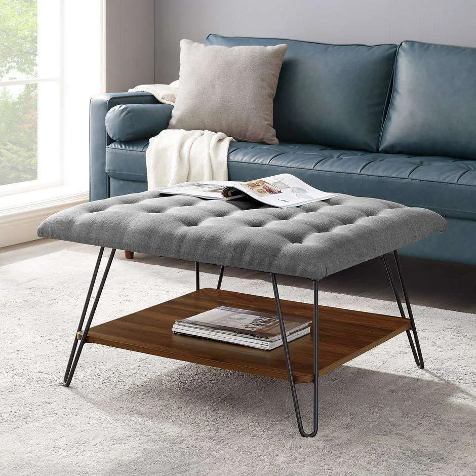 30" Farmhouse Tufted Ottoman - Versatile Upholstered Seating with Storage Shelf for Stylish Spaces