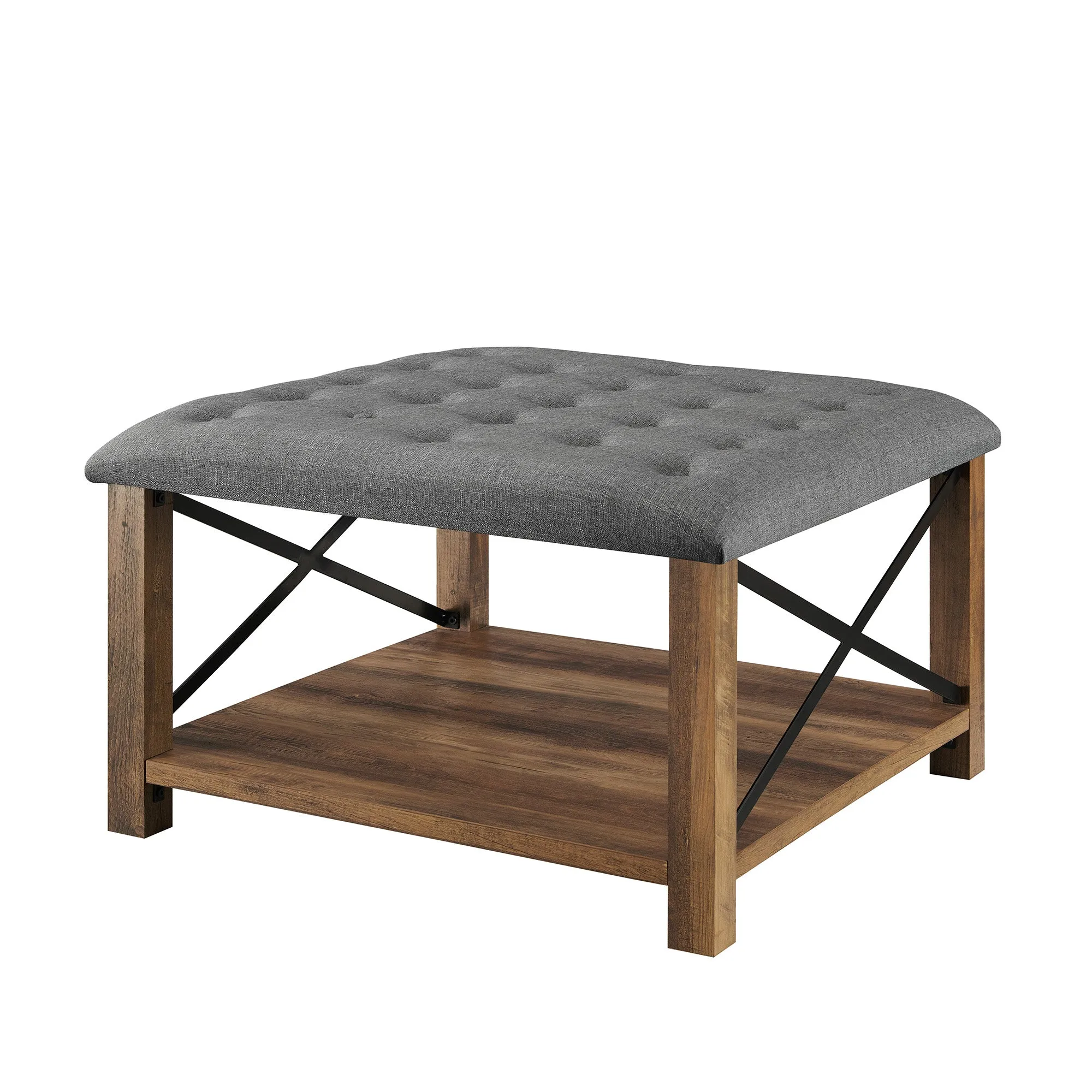 30" Farmhouse Tufted Ottoman - Versatile Upholstered Seating with Storage Shelf for Stylish Spaces