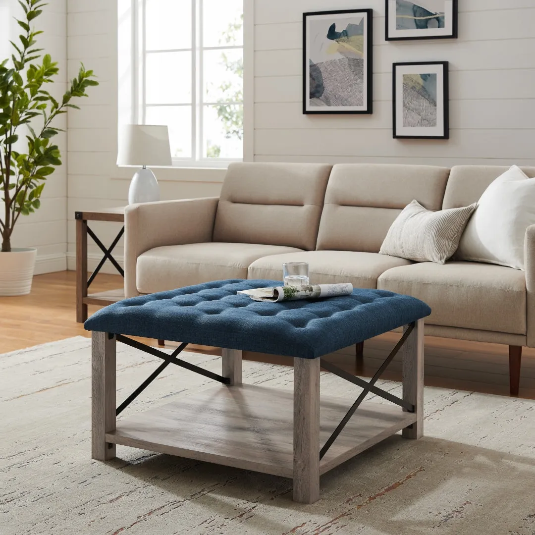 30" Farmhouse Tufted Ottoman - Versatile Upholstered Seating with Storage Shelf for Stylish Spaces