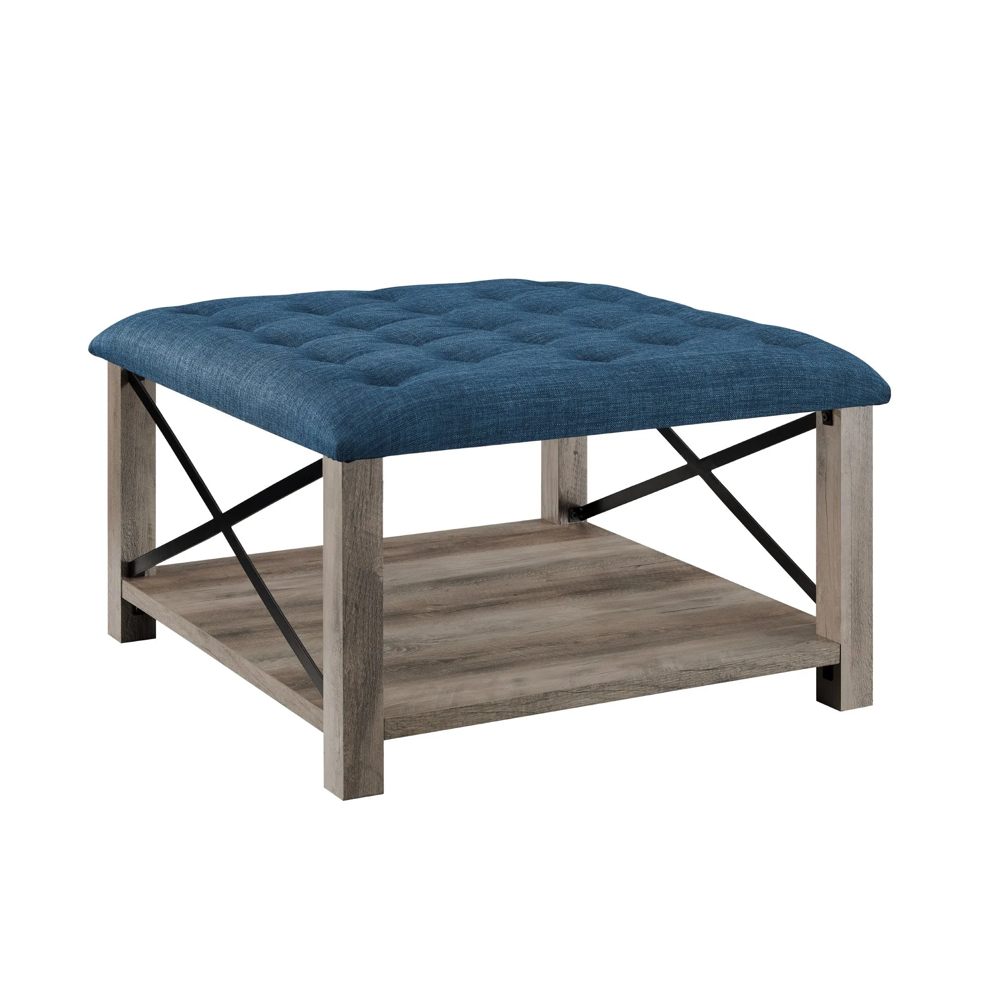 30" Farmhouse Tufted Ottoman - Versatile Upholstered Seating with Storage Shelf for Stylish Spaces