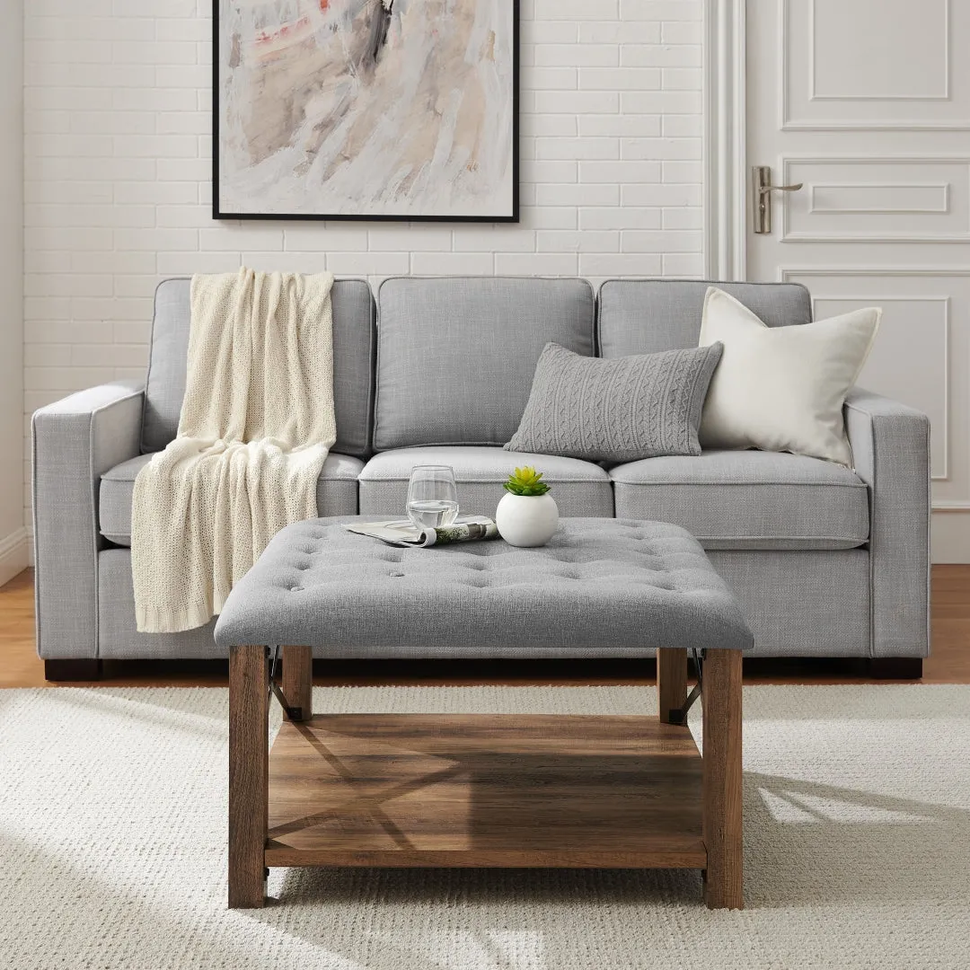 30" Farmhouse Tufted Ottoman - Versatile Upholstered Seating with Storage Shelf for Stylish Spaces