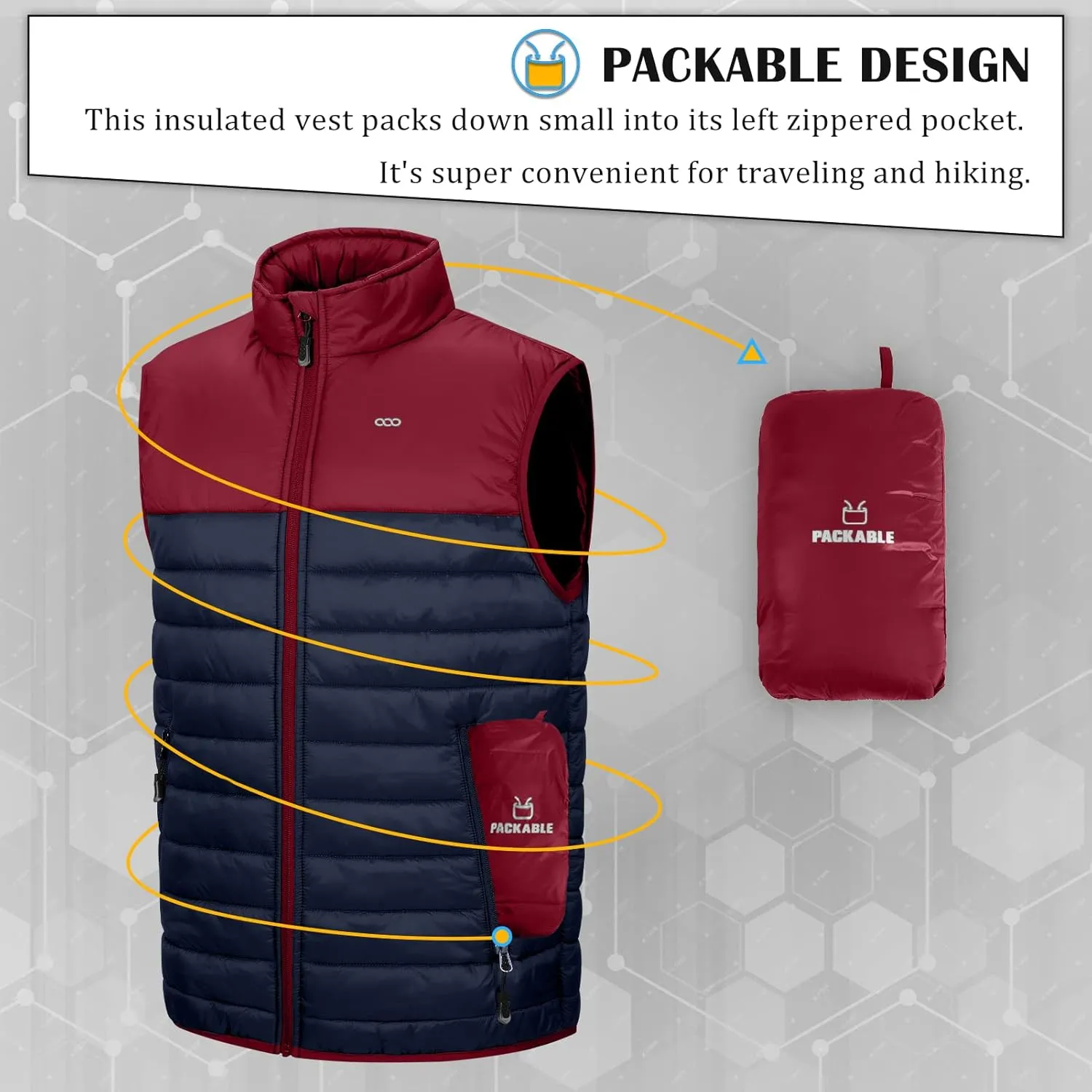 33,000ft Men's Lightweight Packable Insulated Puffer Vest Outerwear, Warm Winter Sleeveless Jacket for Golf Running